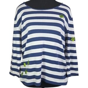 Talbots Navy and White Striped Long Sleeve Top with Green Sequin  Turtles L